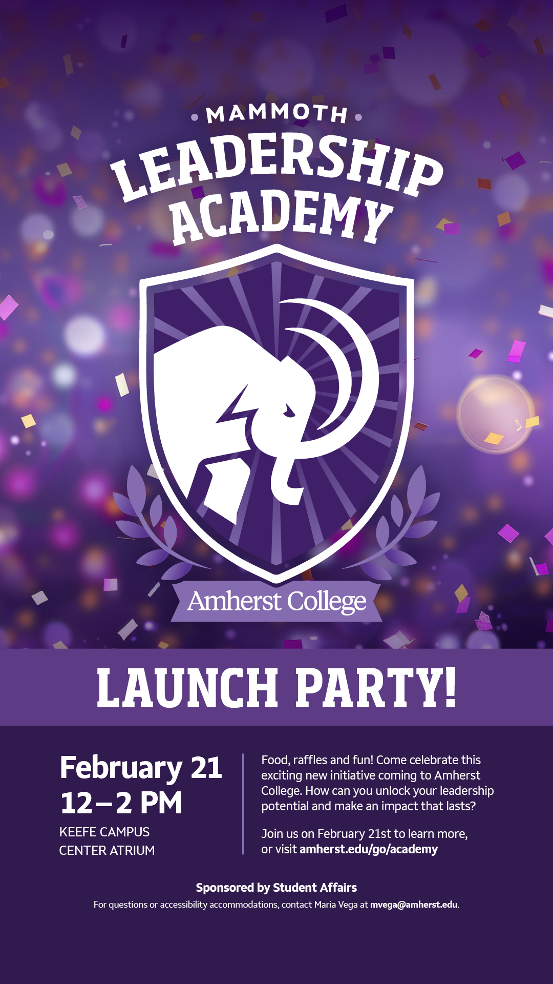 An Instagram story graphic promoting the launch party of the Mammoth Leadership Academy, showing the logo overlaid on top of a purple confetti background.