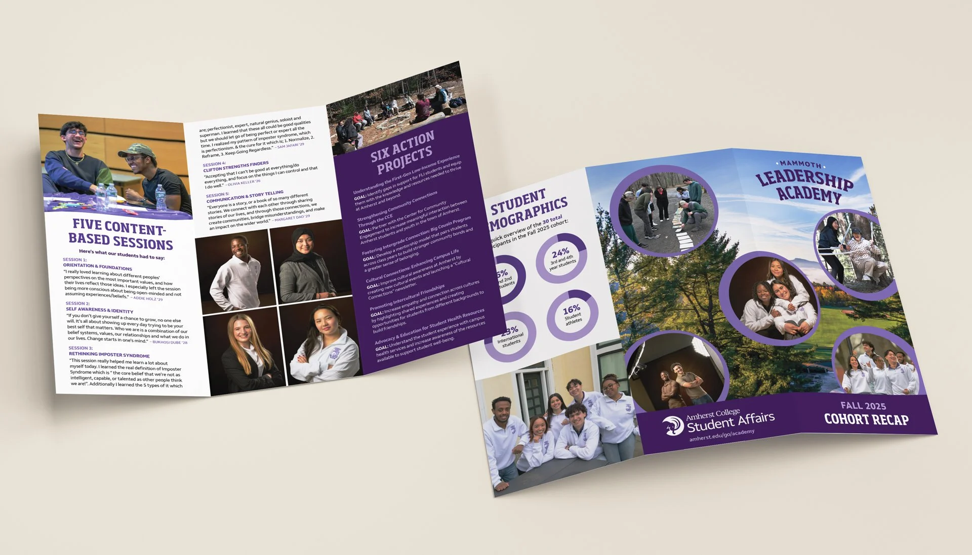 A mockup of a trifold brochure for the "Mammoth Leadership Academy" featuring photos of smiling students.
