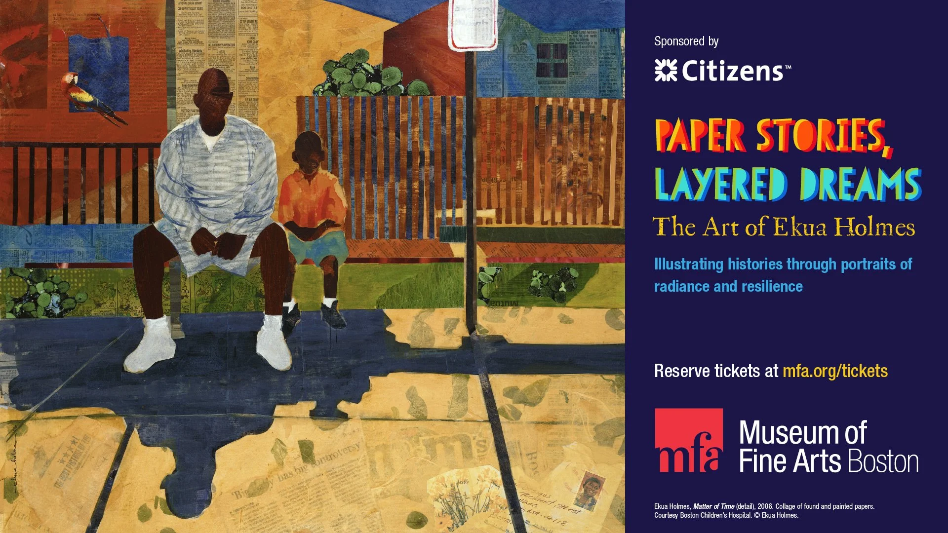 A digital advertisement for the "Paper Stories, Layered Dreams" exhibition at the Museum of Fine Arts, Boston, intended for use on Citizens Bank's ATM promotion.