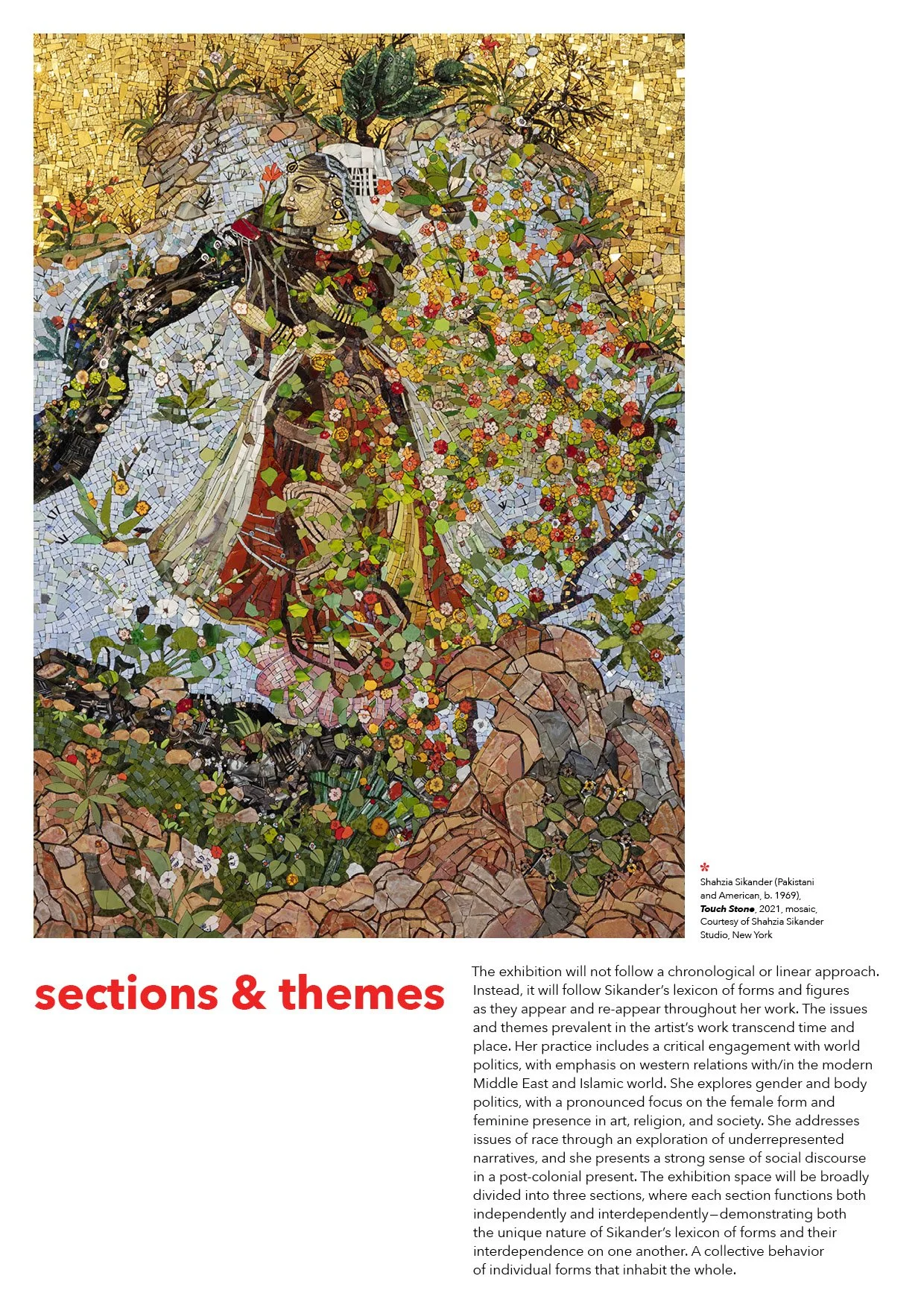 Image of an interior page of a booklet featuring artwork by Shahzia Sikander. The text reads "Sections & Themes" followed by a description of the booklet's contents.