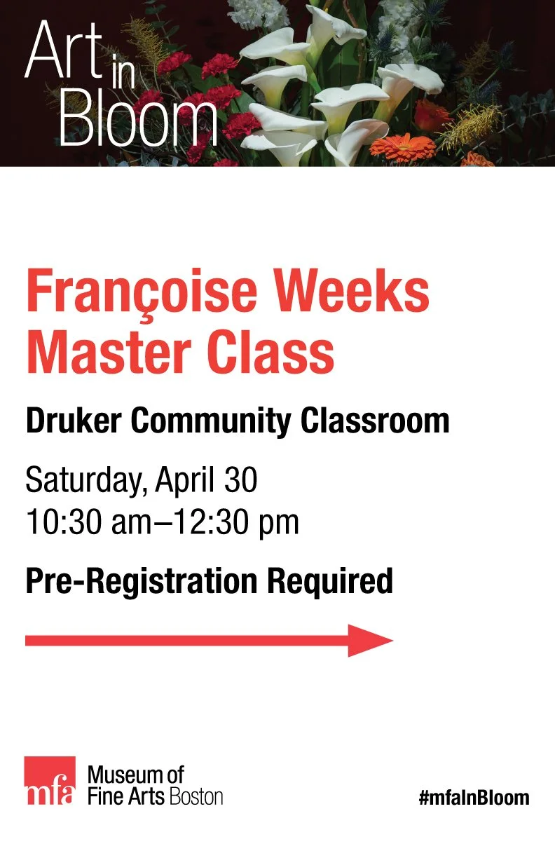 A mockup of a wayfinding sign for the MFA Boston's "Art in Bloom" event, showing a moody floral photo at the top and a red arrow pointing to the right.