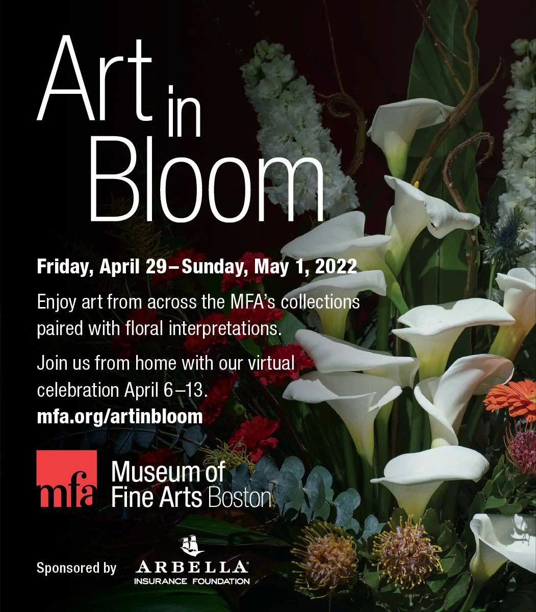 A digital advertisement for the MFA's "Art in Bloom" event, featuring a moody photo of a floral arrangement.