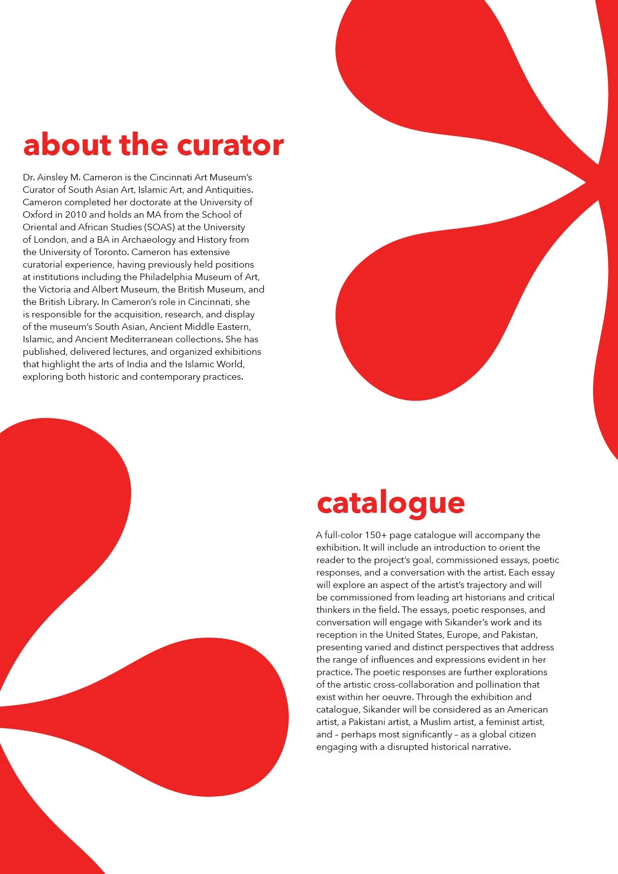 An interior page of a booklet with two large round star shapes and two paragraphs that read, "About the Curator" and "Catalogue."