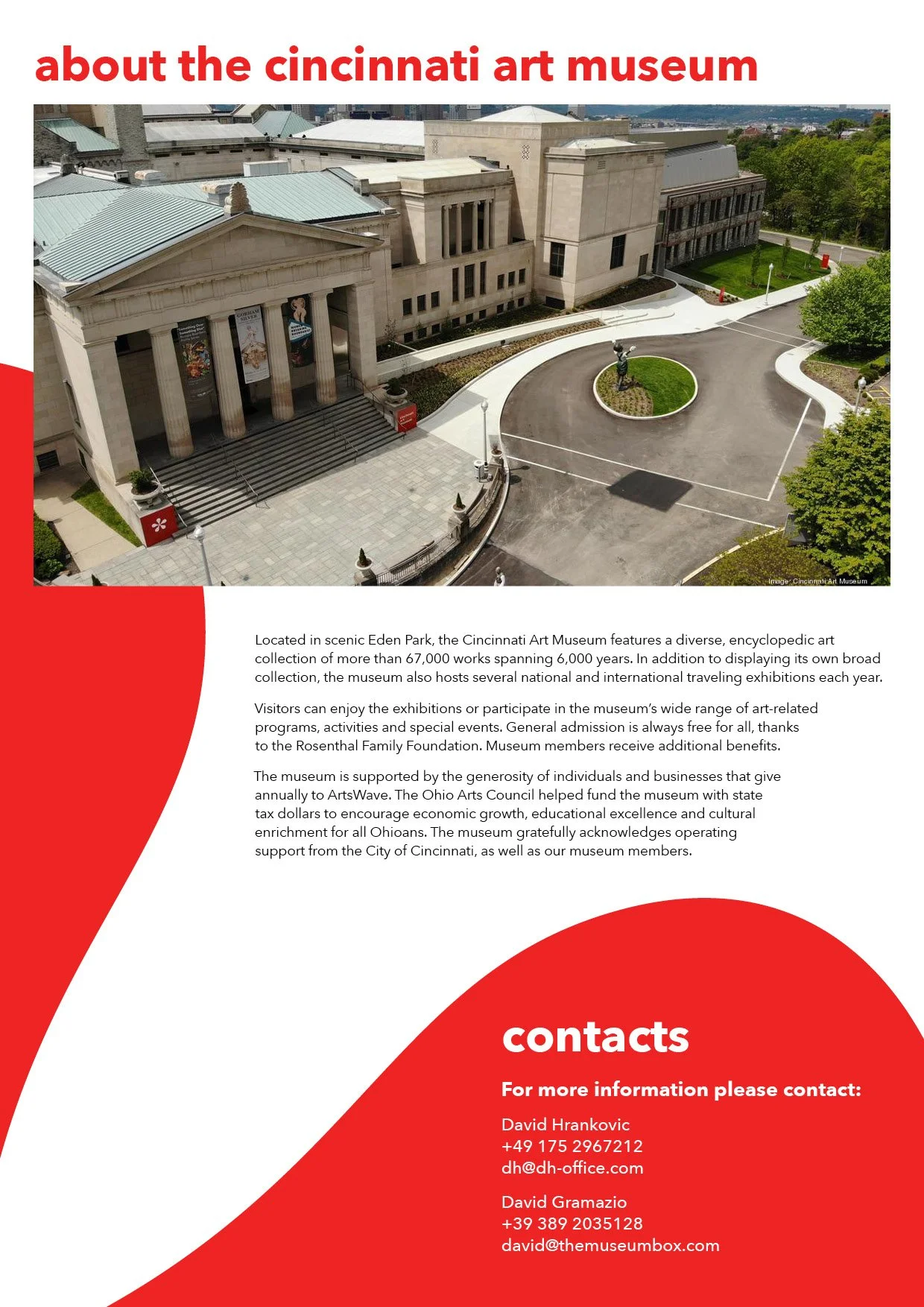 An interior page of a booklet that reads "About the Cincinnati Art Museum," followed by a photo of the museum, a description, and contact information.