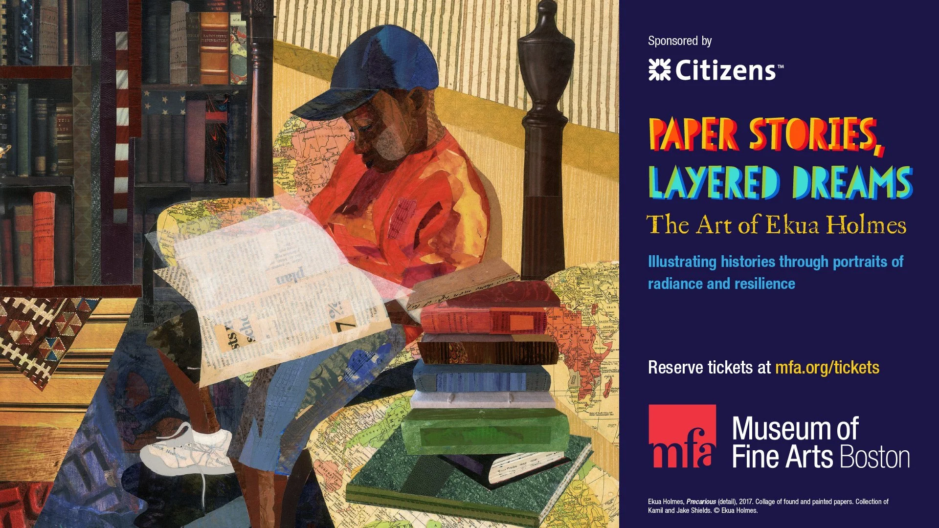 A digital advertisement for the "Paper Stories, Layered Dreams" exhibition at the Museum of Fine Arts, Boston, intended for use on Citizens Bank's ATM promotion.