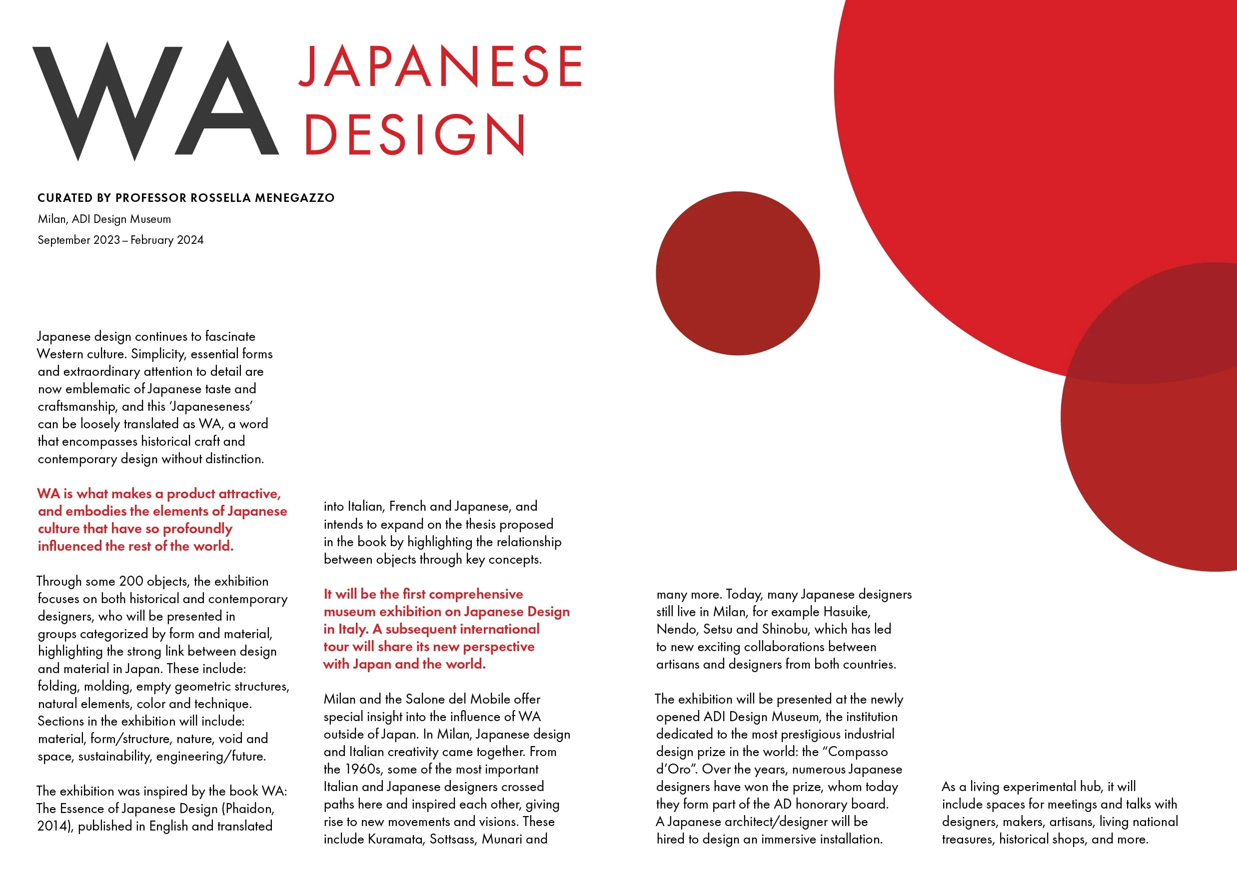 A book spread featuring four columns of text with red accents. The title reads, "WA Japanese Design."