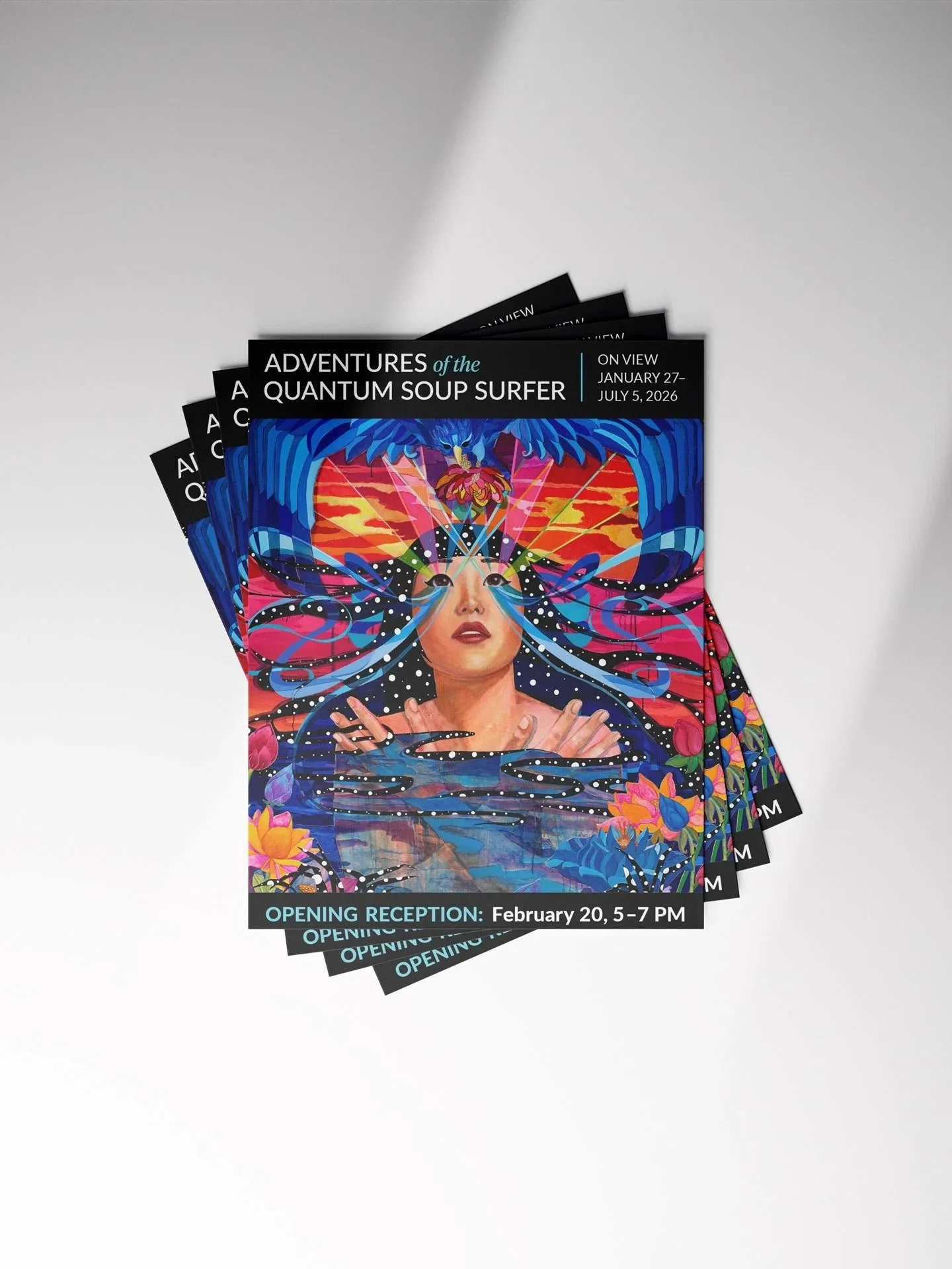 A mockup of postcard handouts promoting the "Adventures of the Quantum Soup Surfer" exhibition at the Mead Art Museum.