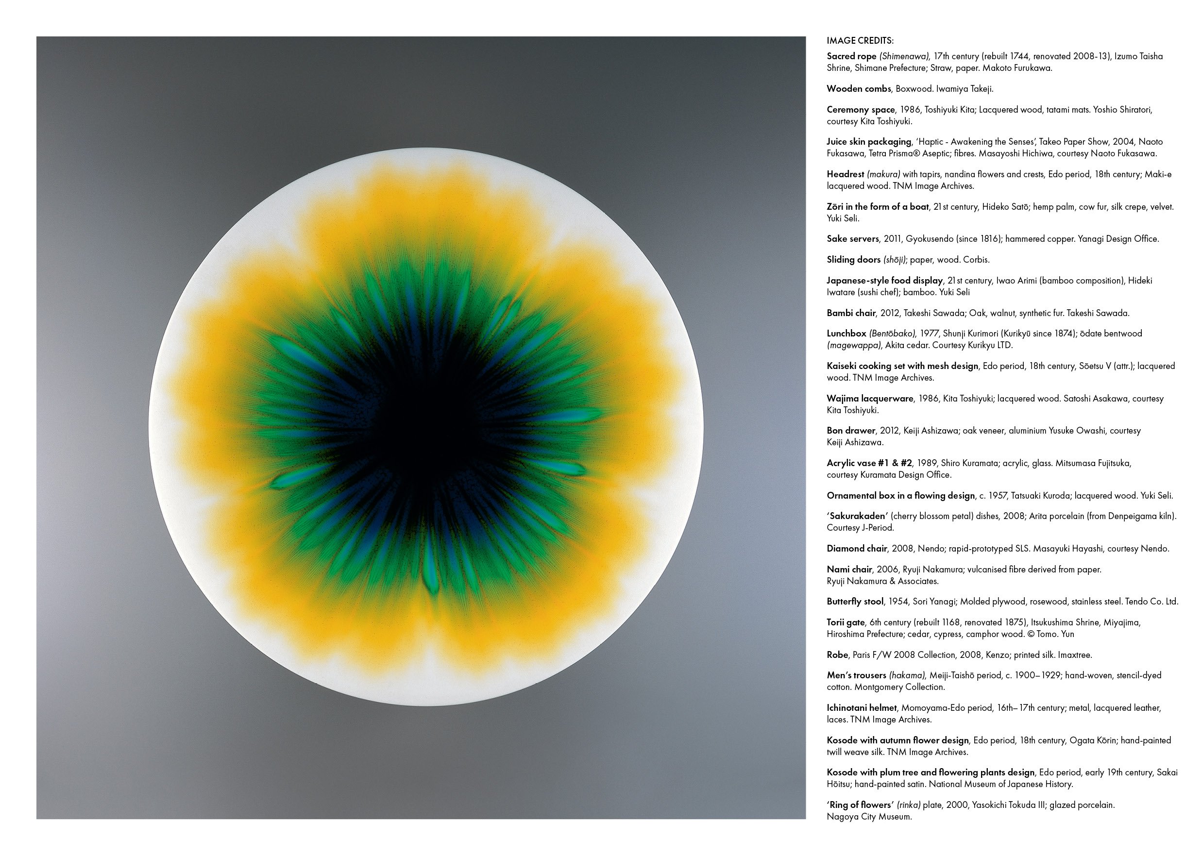 An interior book spread featuring a photo of Japanese artwork next to a list of image credits.