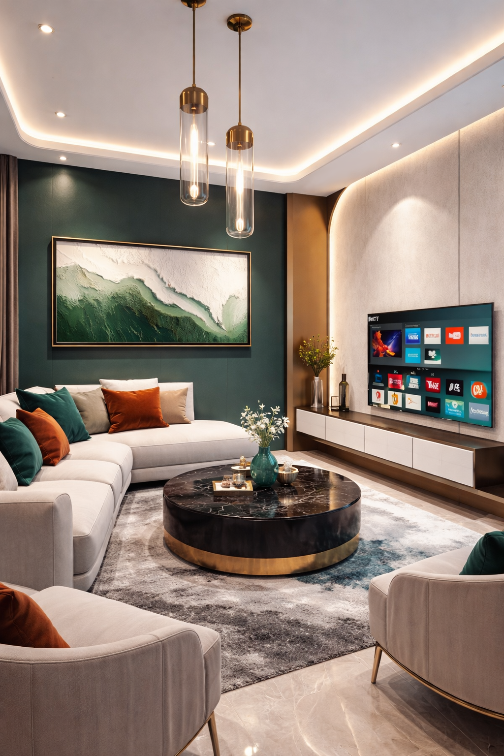 Modern living room with beige sectional sofa, multicolored pillows, a round black marble coffee table with gold accent, a large wall-mounted TV displaying streaming apps, contemporary artwork with mountain landscape, and decorative lighting.
