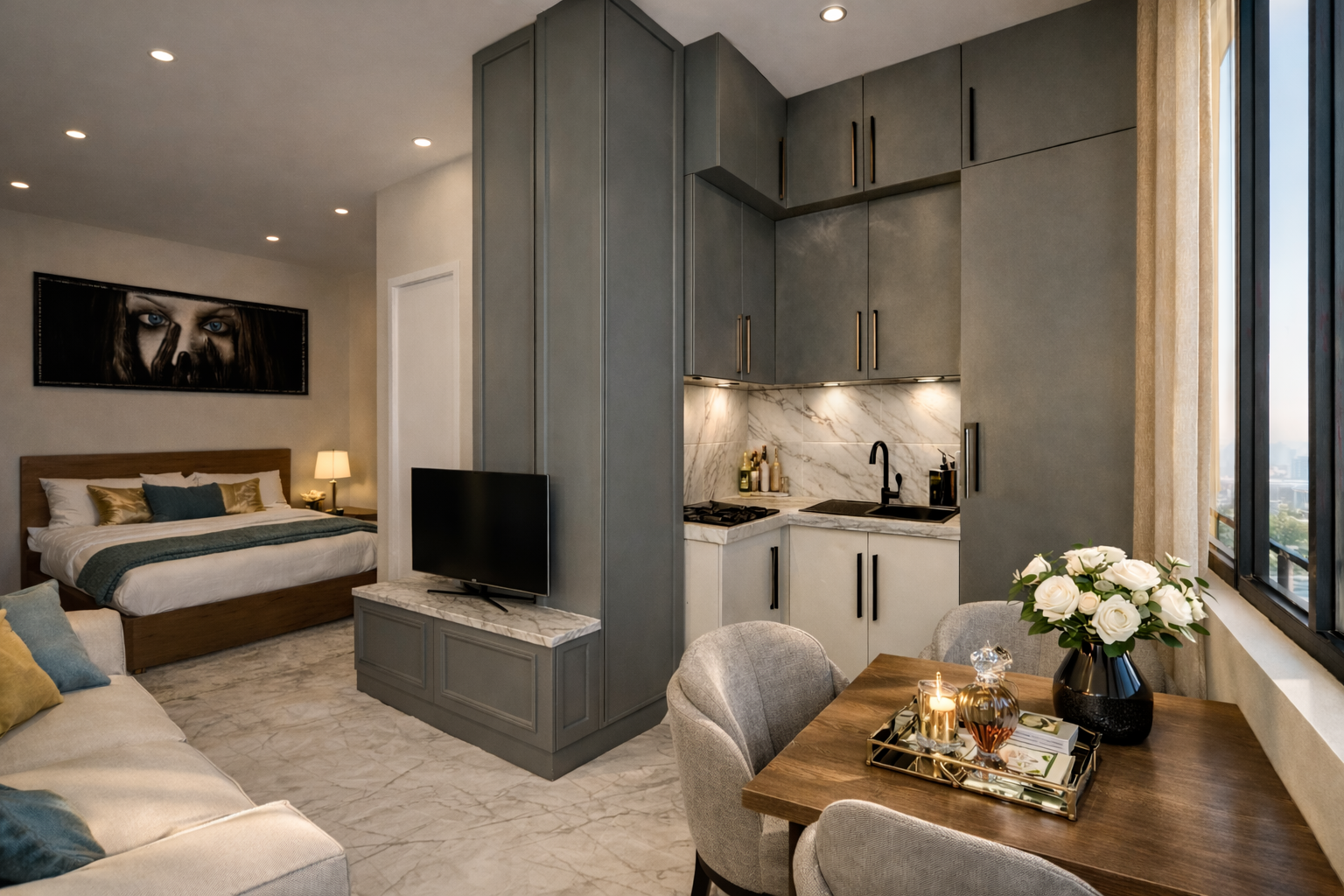 Interior view of a modern studio apartment with a bedroom area, small kitchen, dining table with a large flower vase, and a balcony door with curtains.