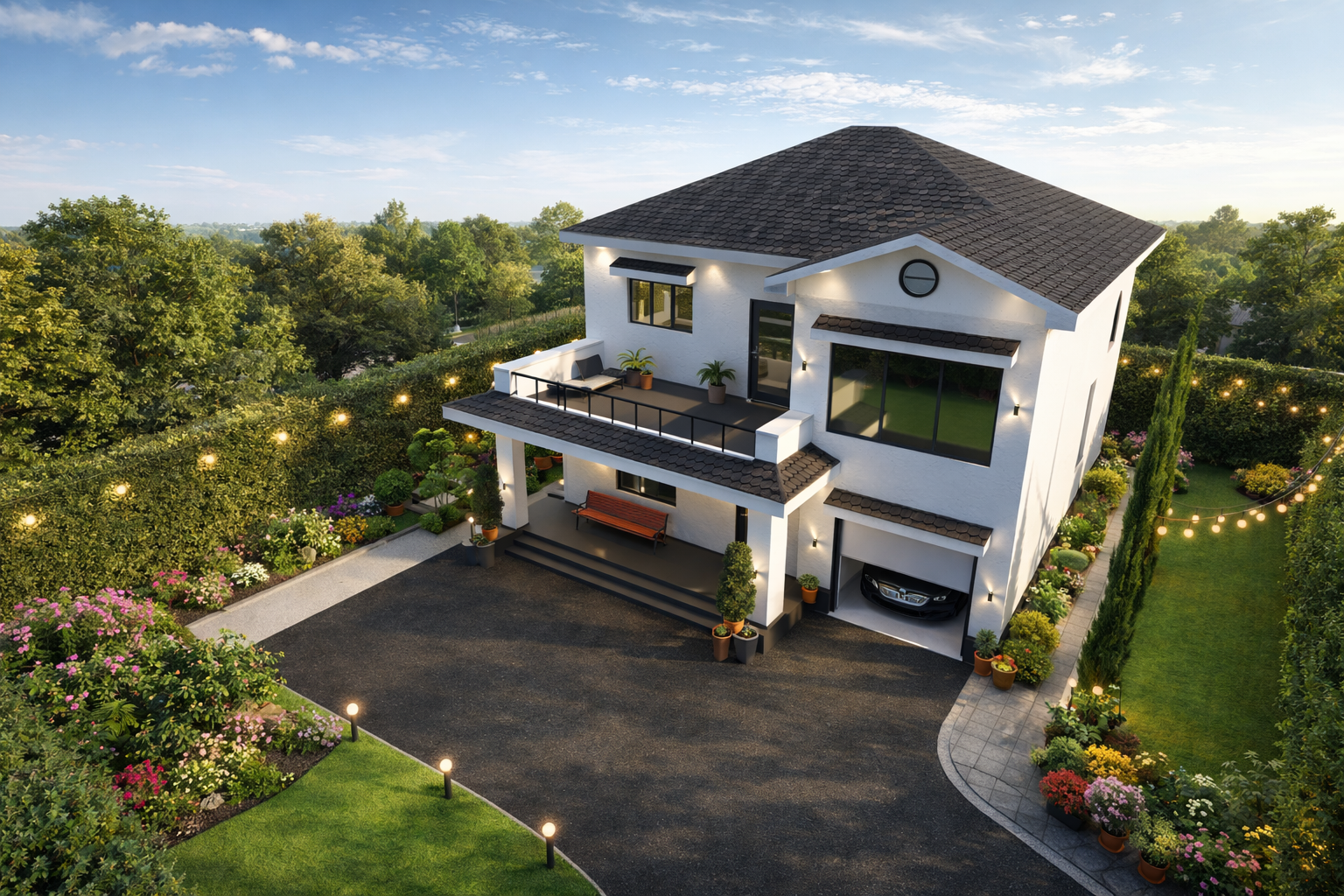 Modern two-story white house with a black-tiled roof, front porch, and balcony, surrounded by landscaped garden with flowers, potted plants, and lit string lights at dusk.