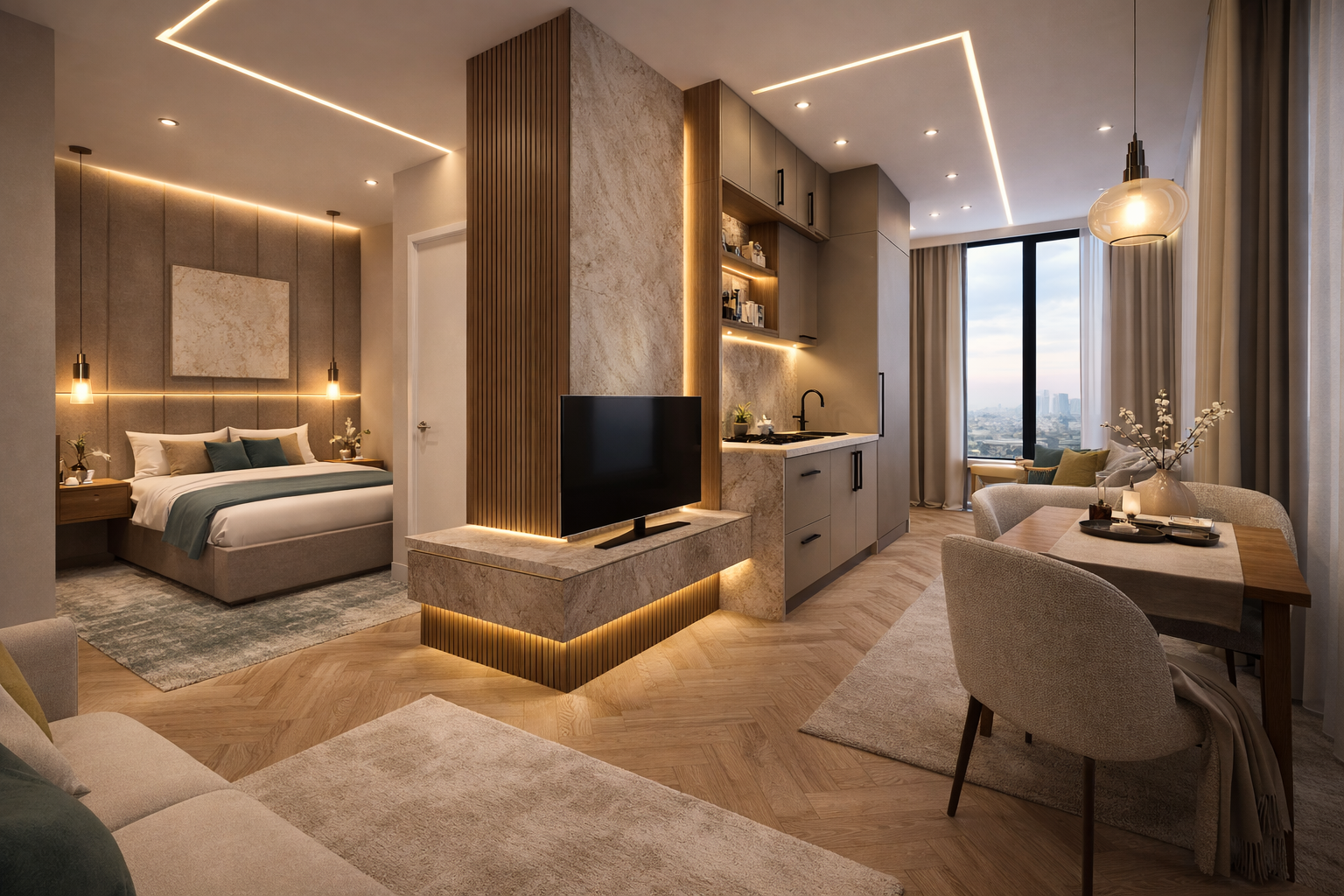 Modern studio apartment with a bedroom, kitchenette, and dining area, featuring neutral tones, warm lighting, and large window view of city skyline.