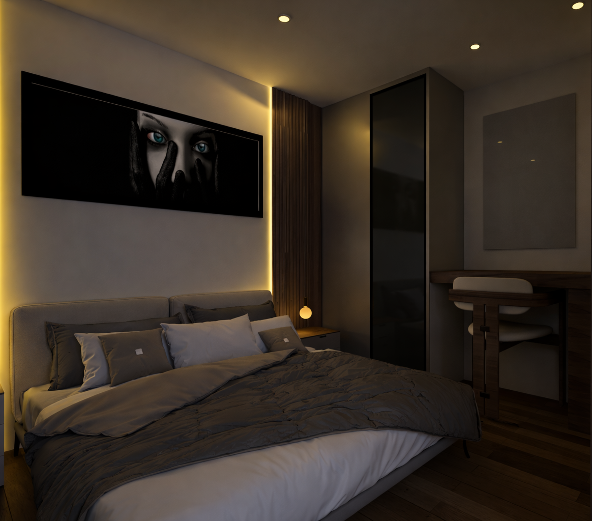 Modern bedroom with bed, pillows, nightstand, hanging light, large mirror, and artwork of a woman's face with blue eyes on the wall.