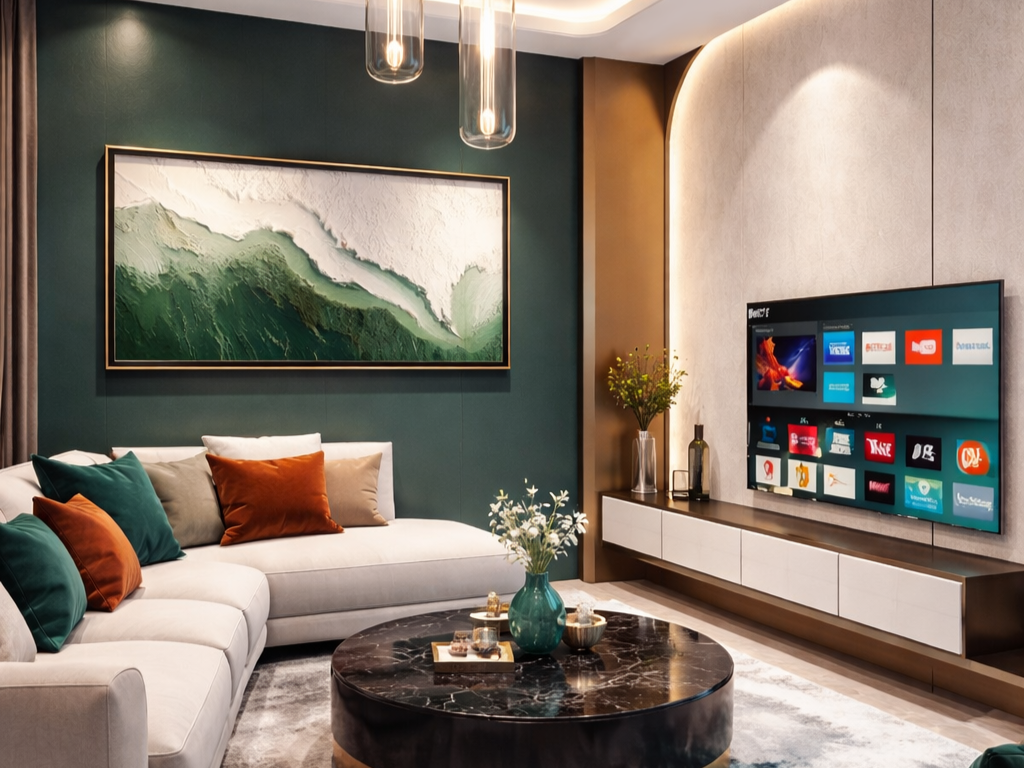 Modern living room with a white sectional sofa decorated with green and orange pillows, a black marble coffee table with a teal vase and decor, a framed abstract painting of a green wave on a dark green wall, a flat-screen TV mounted on a beige wall, and contemporary lighting fixtures.