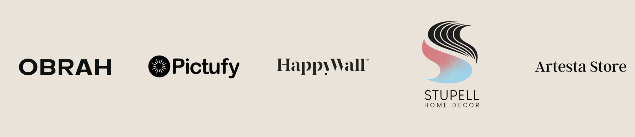 Collaboration logos: brands, Obrah, Pictufy, HappyWall, Stupell Home Decor, and Arstesta Store - Premium brand partnerships with Cesare Bellassai.