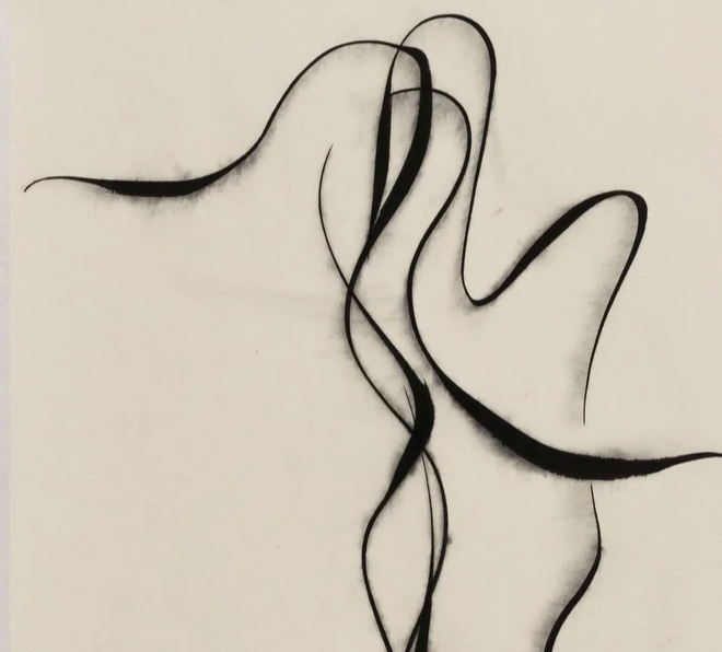 Abstract black sumi-e ink painting with flowing, intertwined brushstrokes by Ayan Rivera.