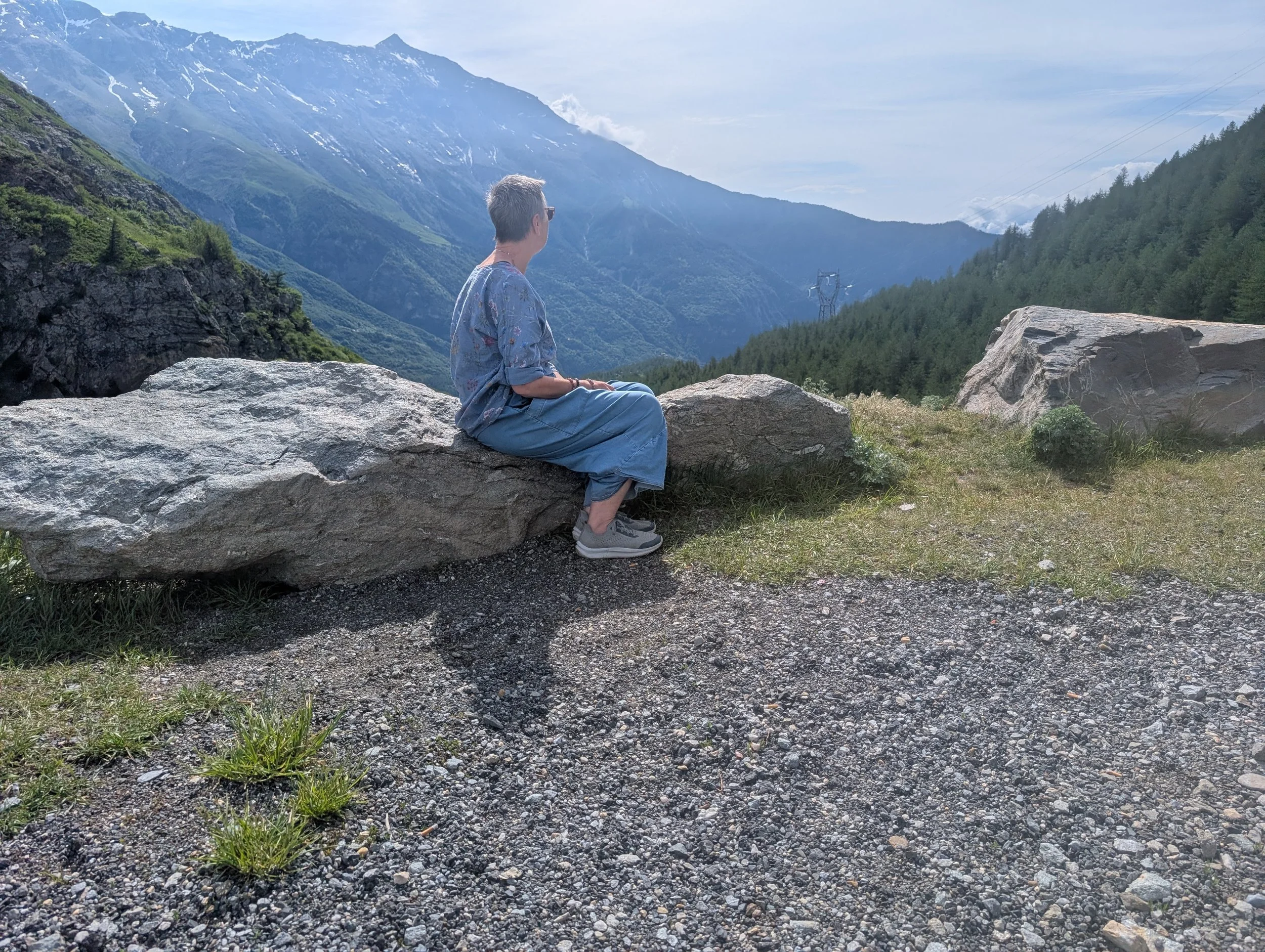 A person sitting on a large rock on a mountain trail, overlooking towering mountains with snow-capped peaks, green slopes, and forests in the background under a clear sky.