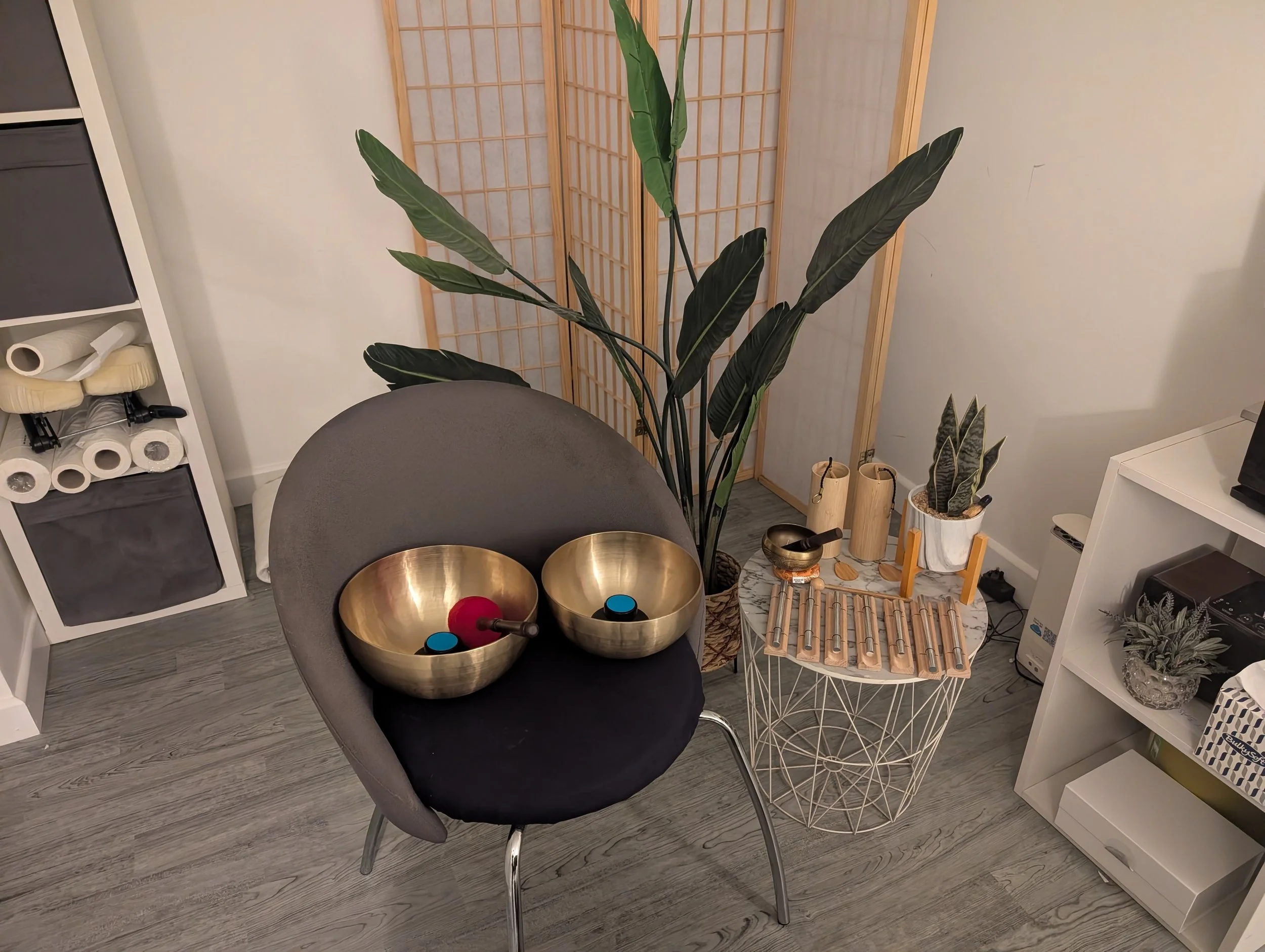 Indoor scene with a round table featuring brass singing bowls, a tall green plant with large leaves, a folding wooden room divider, and shelves with various items including toilet paper rolls and storage boxes.