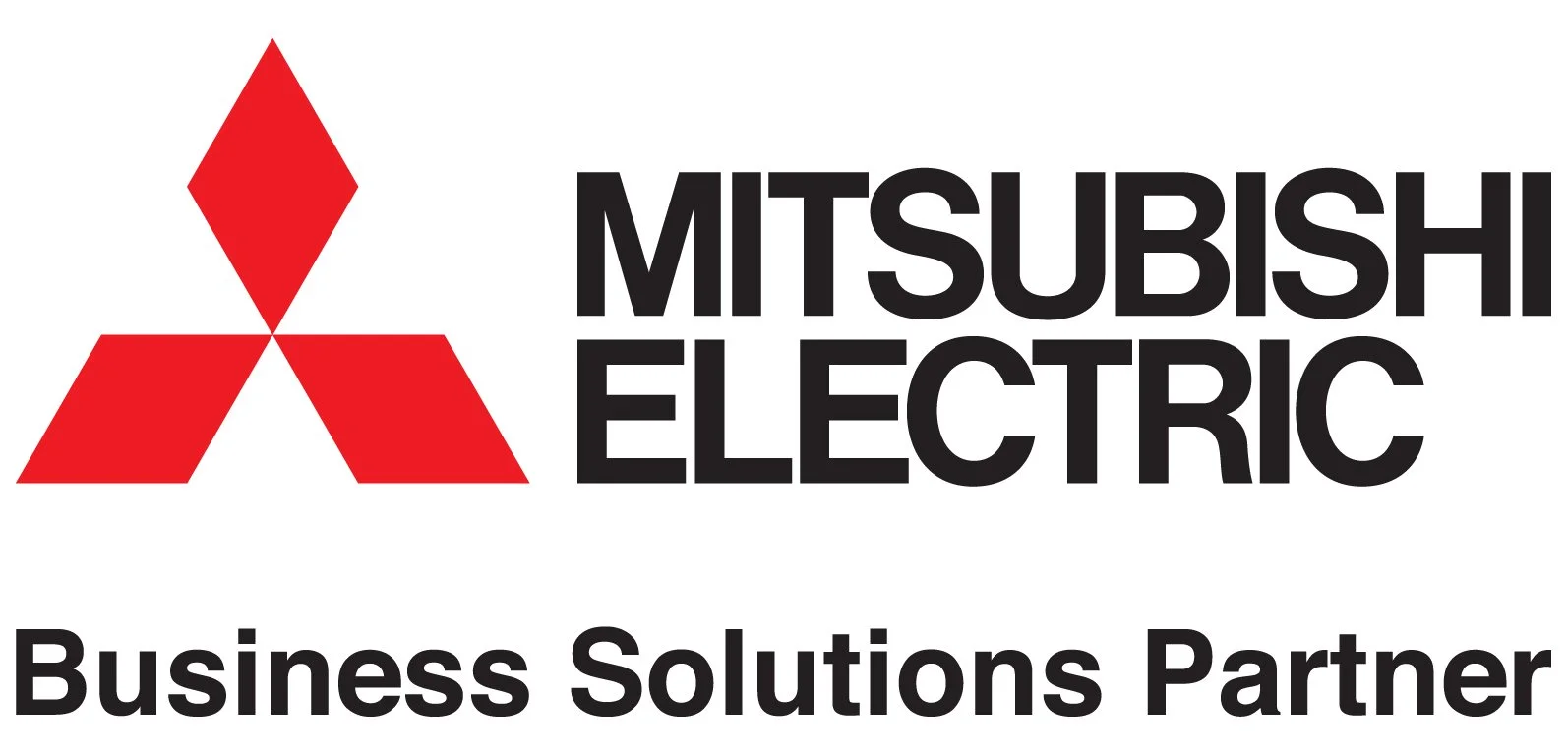 Logo of Mitsubishi Electric, featuring three red diamond shapes and black text reading 'MITSUBISHI ELECTRIC' with a subtitle 'Business Solutions Partner'.