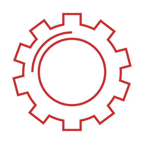 Red outlined gear icon on a black background.