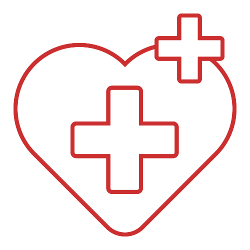 Red neon heart with medical cross symbols inside and on top, representing healthcare or medical aid.