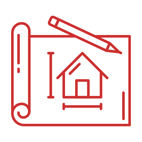 Icon of a house blueprint with a rolled-up blueprint and a pencil.