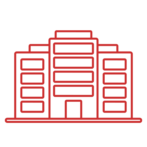 Line drawing of a multi-story building with a central entrance, depicted in red on a black background.