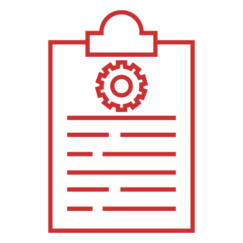 A clipboard with a gear symbol and lines of text, representing a technical or mechanical document.