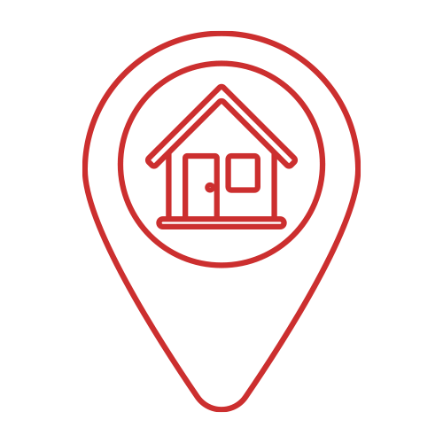 Red outlined icon of a house inside a location pin on a black background.
