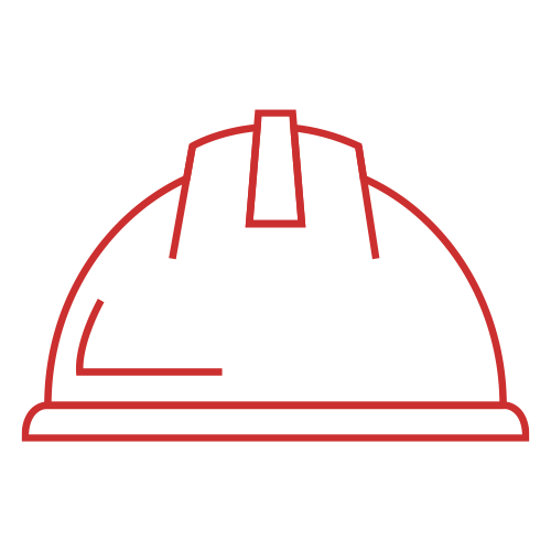 Outline of a construction helmet in red on a black background.
