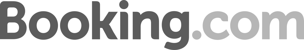 Een zwart-witte afbeelding met de tekst 'Booking.com' in grote letters.