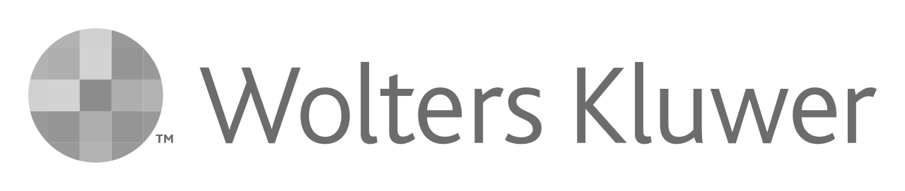 Het logo van Wolters Kluwer, bestaande uit een grijs cirkel met vier vierkanten en de naam in zwarte tekst.