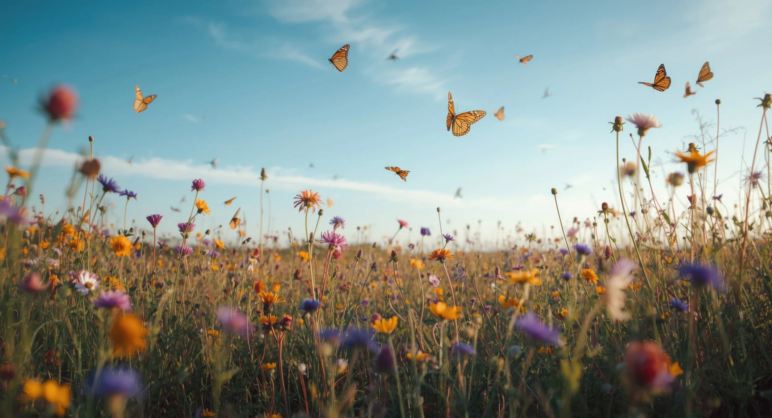 Field of colorful wildflowers with several orange and black butterflies flying in a clear blue sky.