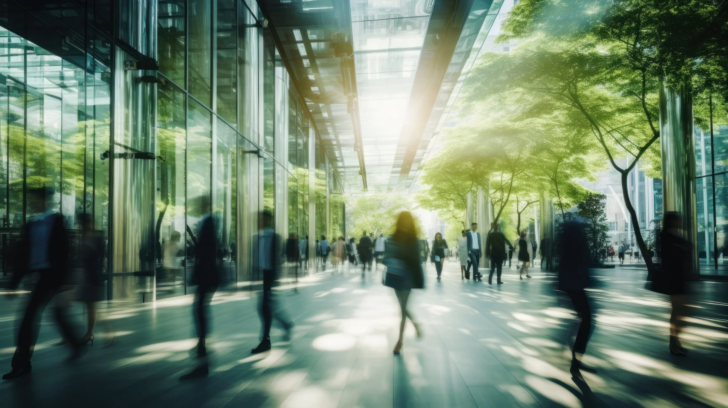 A modern glass building interior with large windows, trees outside, and people walking, some blurred, with sunlight streaming in.