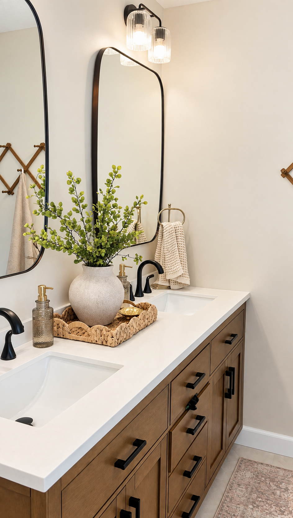 A bathroom vanity with two sinks, a large mirror, black faucets, wooden cabinetry, and a decorative vase with greenery. There is a light fixture with three glass shades above the mirror and towels hanging on a brass towel ring.