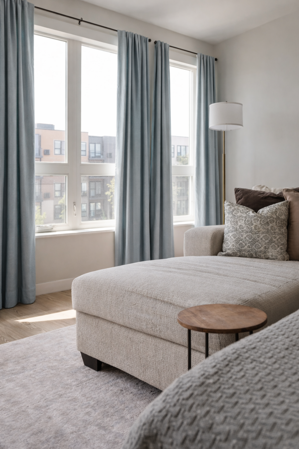 A bright living room with large windows, blue curtains, a beige chaise lounge with decorative pillows, a small round wooden side table, and a tall floor lamp.
