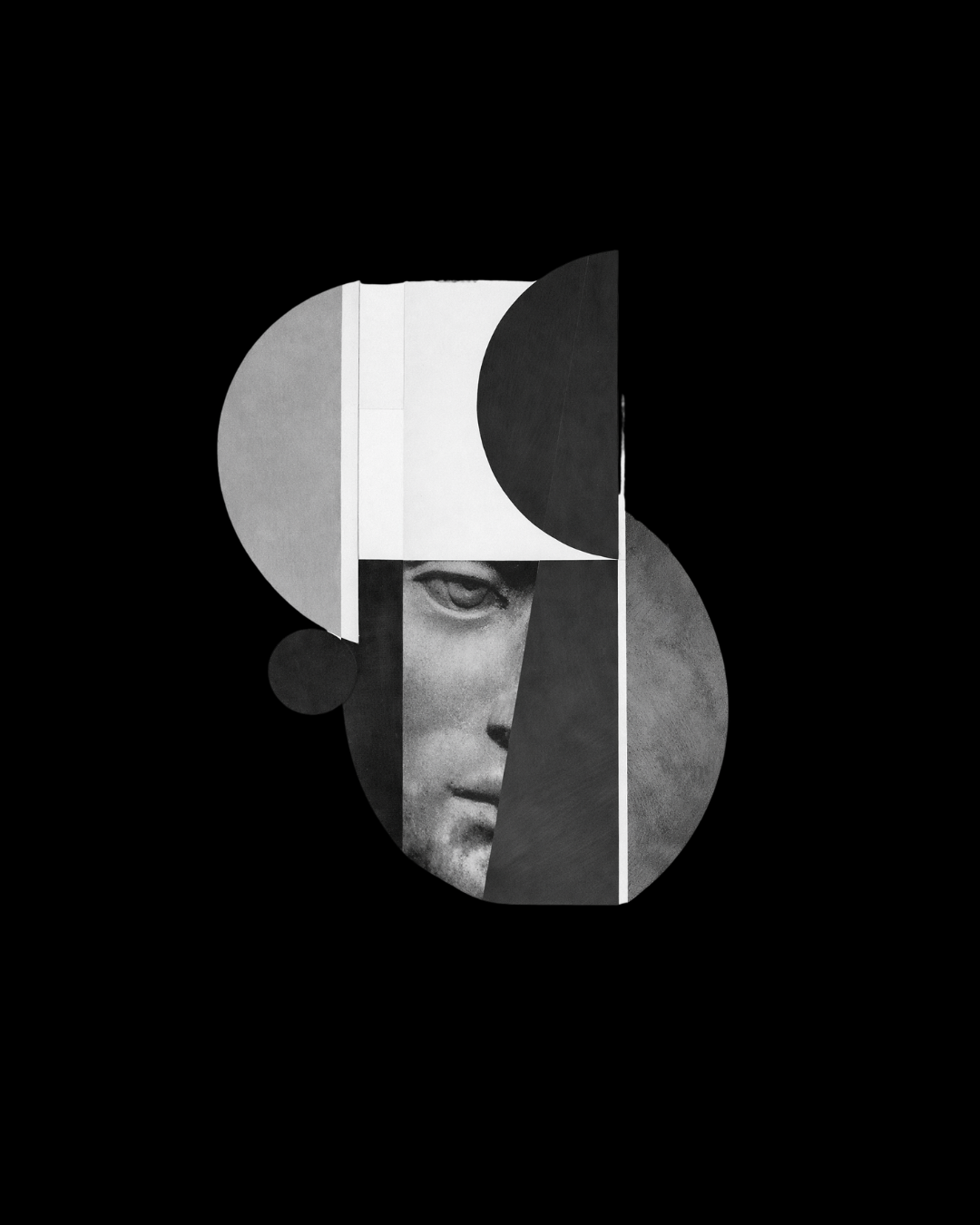 Black and white collage with parts of a classical sculpture of a face, geometric shapes, and abstract forms on a black background.