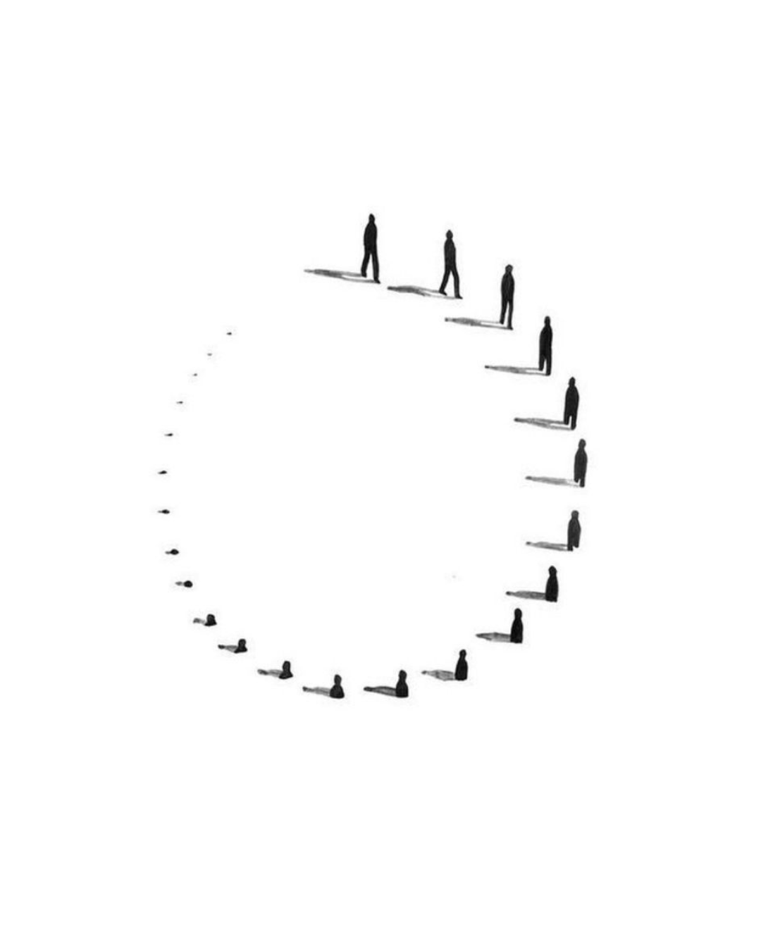 An illustration of a sequence of people in black silhouettes, with shadows indicating their positions, arranged in a curved line forming the shape of a clock's face.