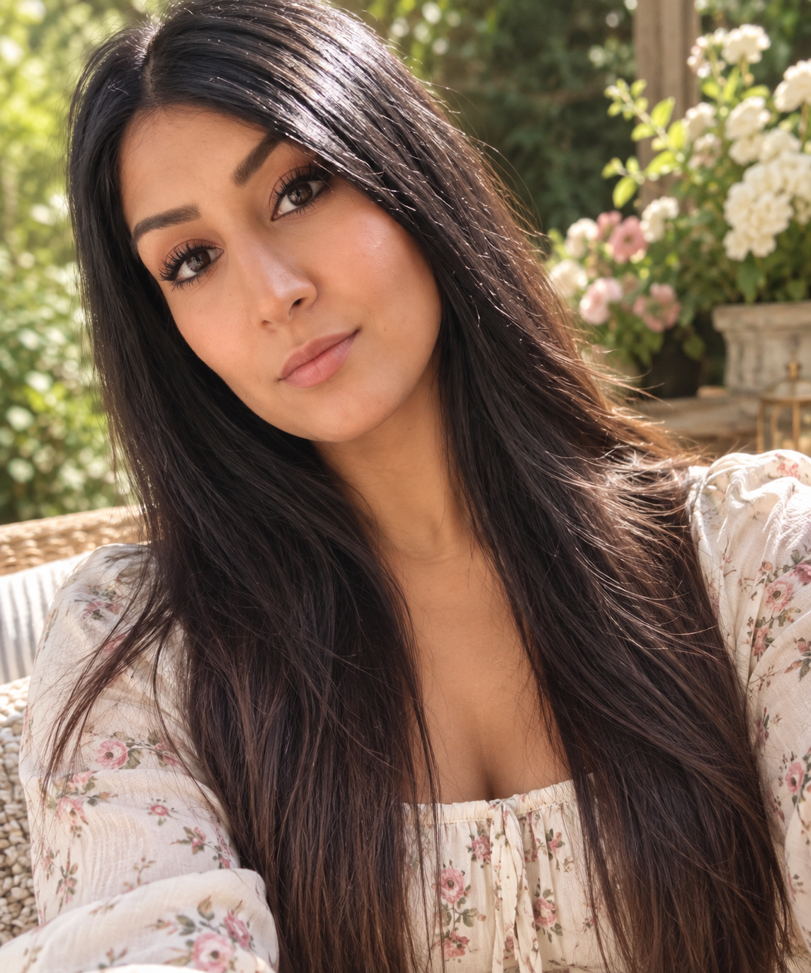 A young woman with long dark hair taking a selfie outdoors, with flowers in the background.