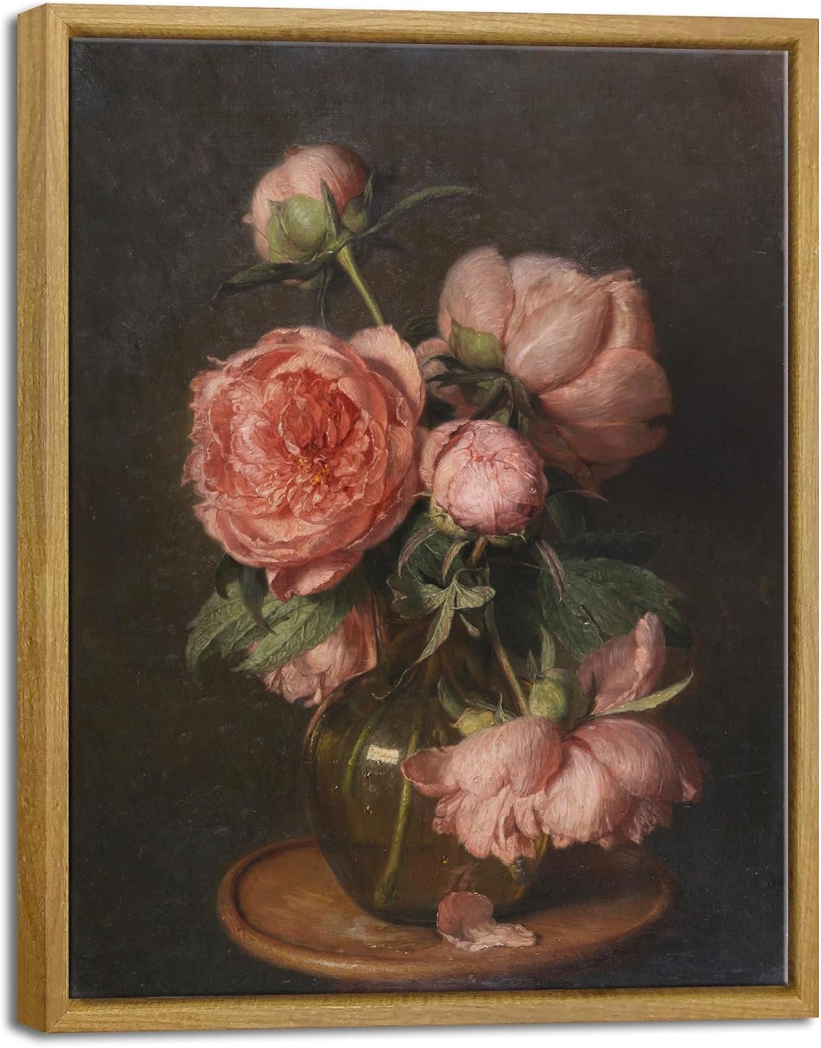 A painting of pink peonies in a glass vase on a wooden surface, with a dark background and a wooden frame.