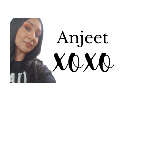 A woman with long dark hair taking a selfie, with the name 'Anjeet' and the words 'XOXO' written in black text on a white background.