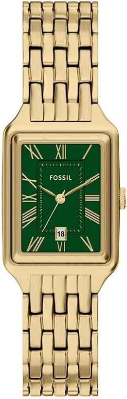 A gold Fossil wristwatch with a rectangular green dial, Roman numeral hour markers, and a date window at 6 o'clock, featuring a matching gold link bracelet.