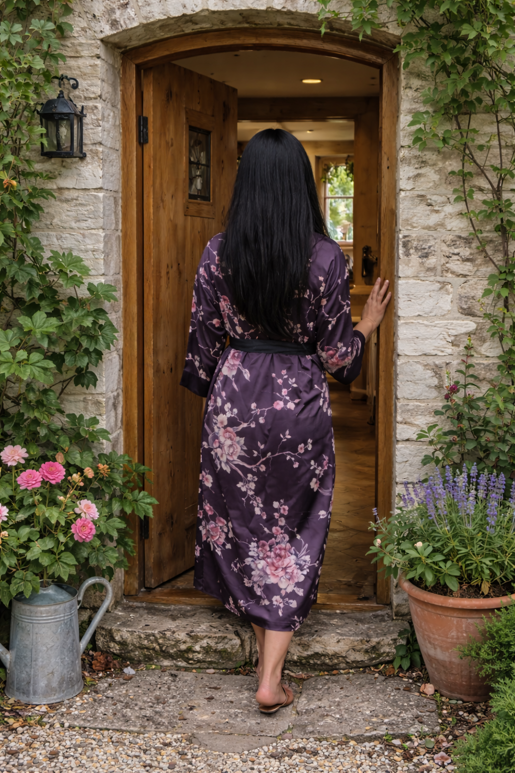 A woman with long black hair in a floral purple kimono entering a rustic stone and wood house surrounded by garden plants.