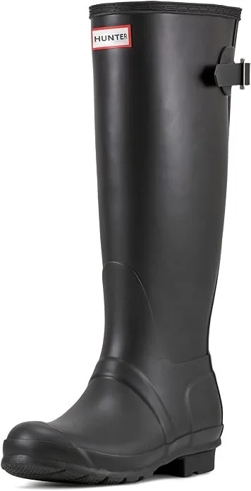 A black rubber hunting or rain boot with a label that says 'HUNTER' on the top front.