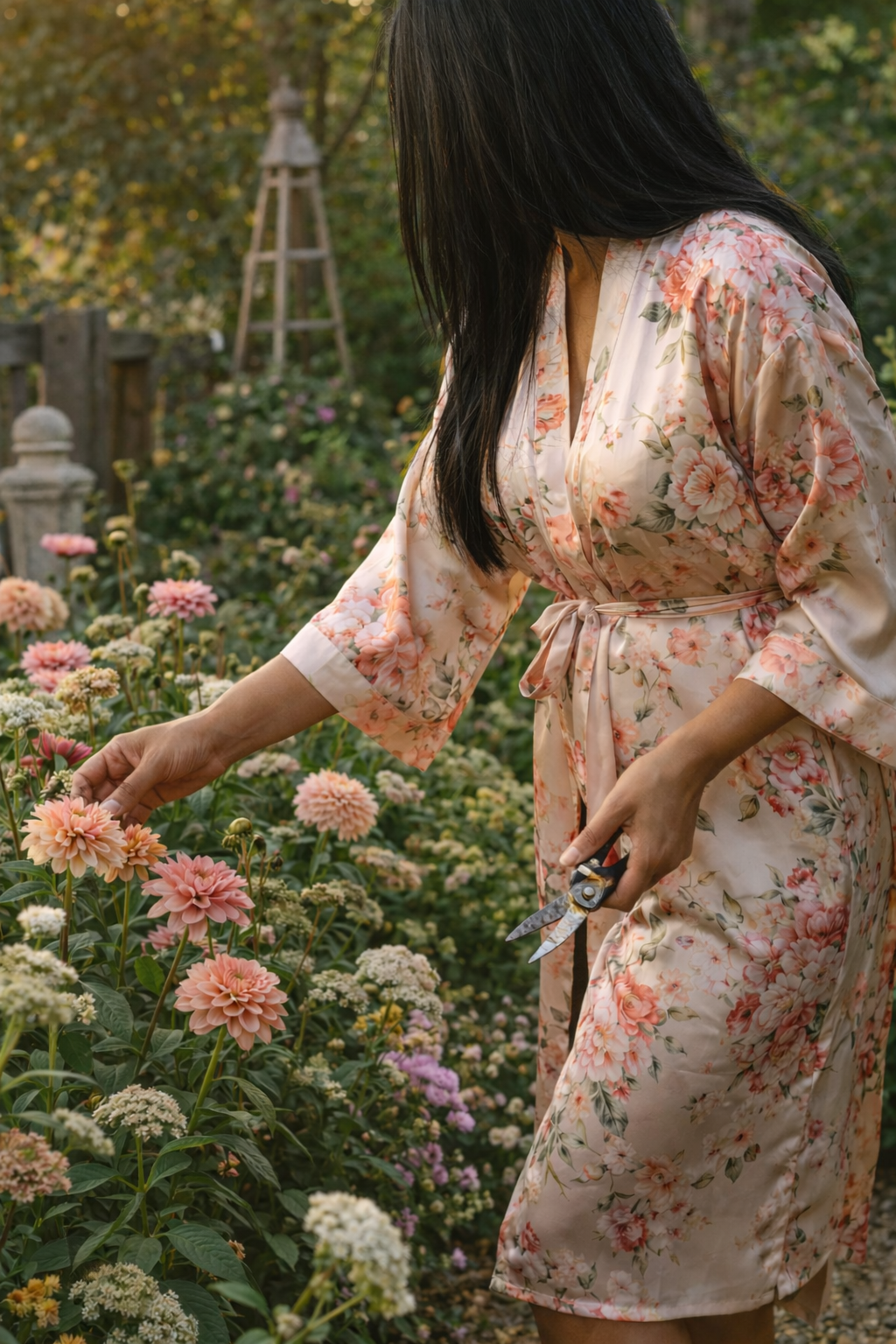 A woman in a floral robe trimming flowers in a garden with pruning shears.