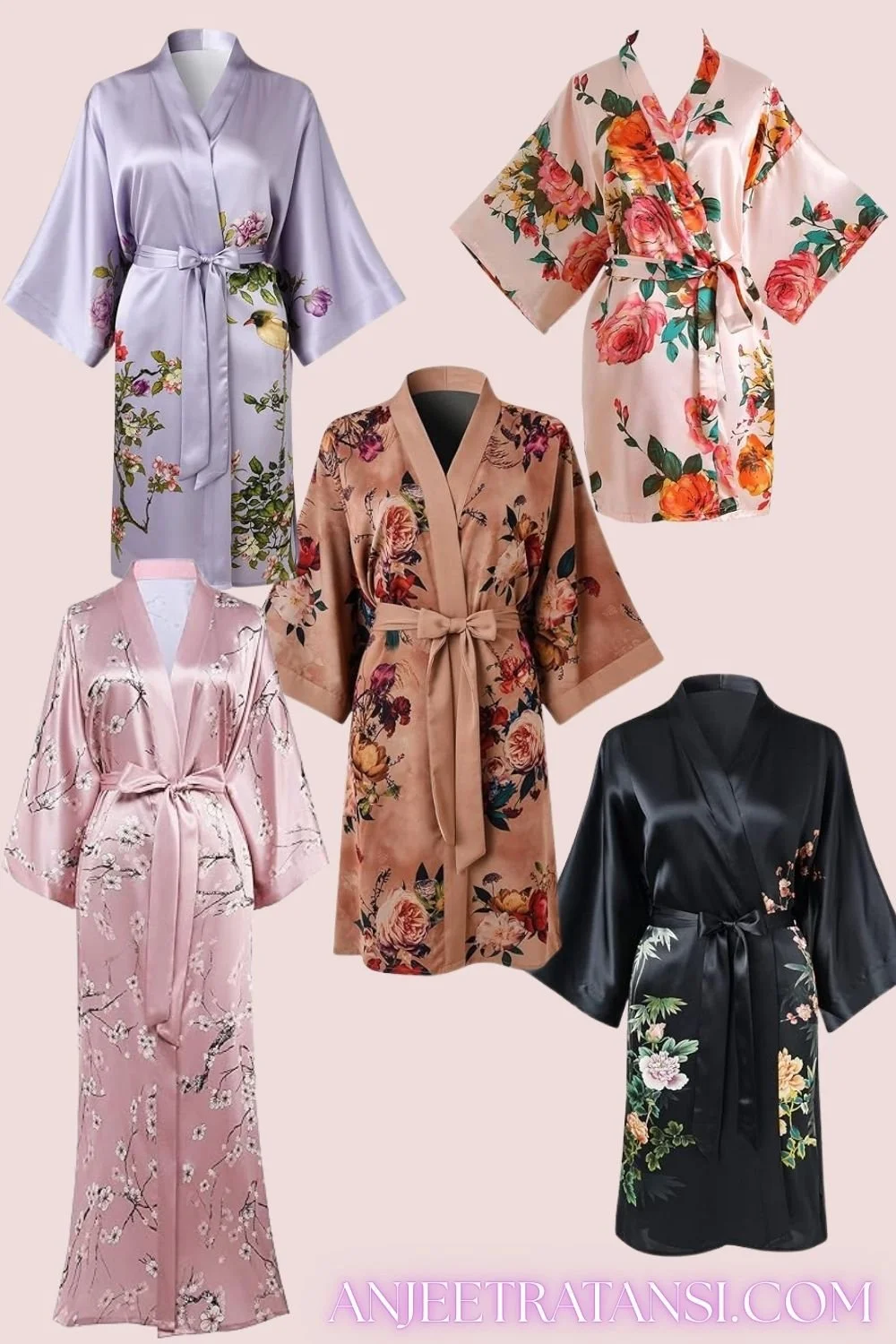 Collection of five silk robes with floral patterns in various colors, including lavender, pink, peach, and black, displayed against a light background.