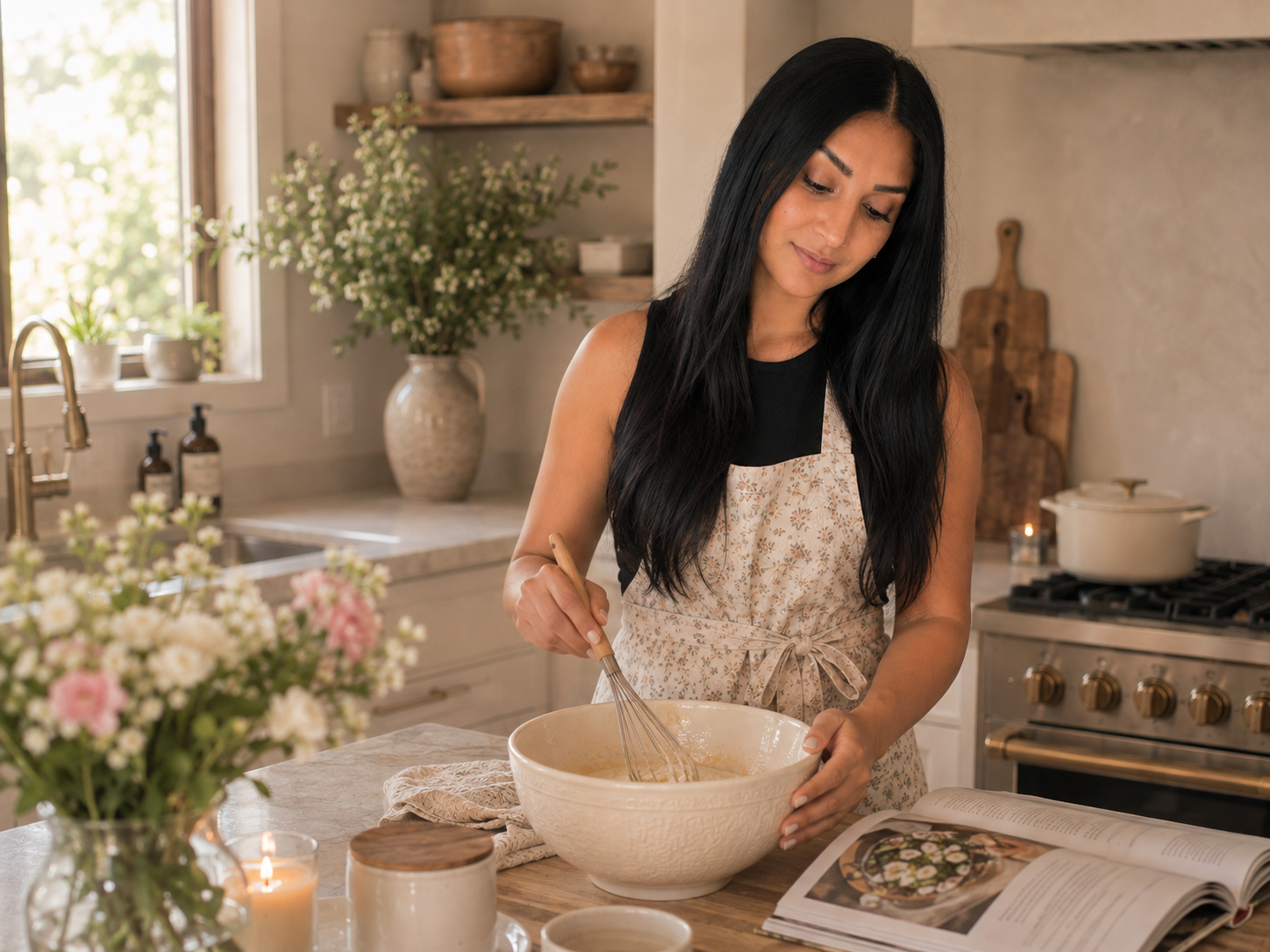A woman with long black hair, wearing a beige apron over a black top, is whisking batter in a large white bowl in a cozy kitchen filled with natural light. There are flowers, a lit candle, and an open cookbook on the counter.