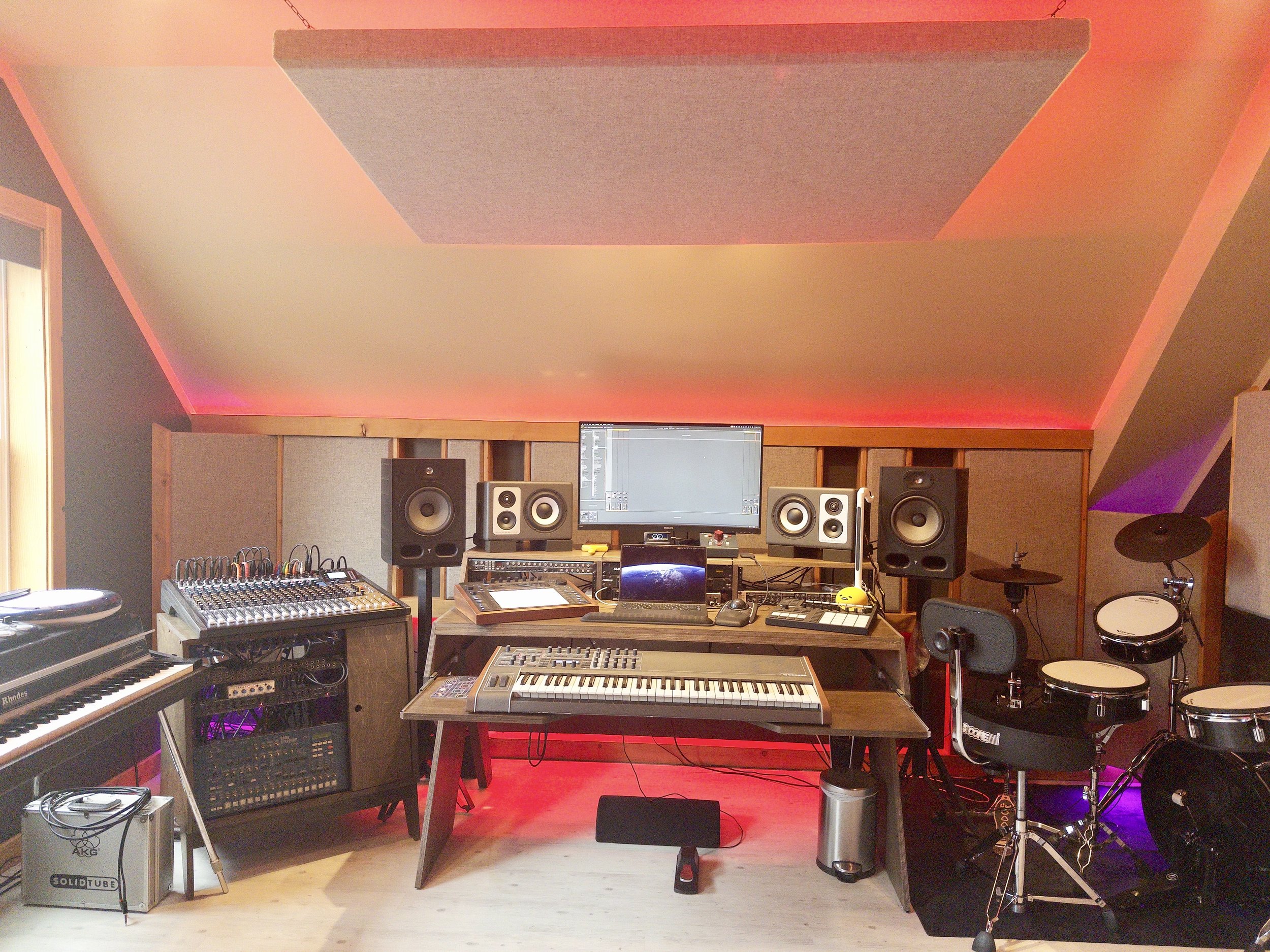 Studio computer and speakers view.