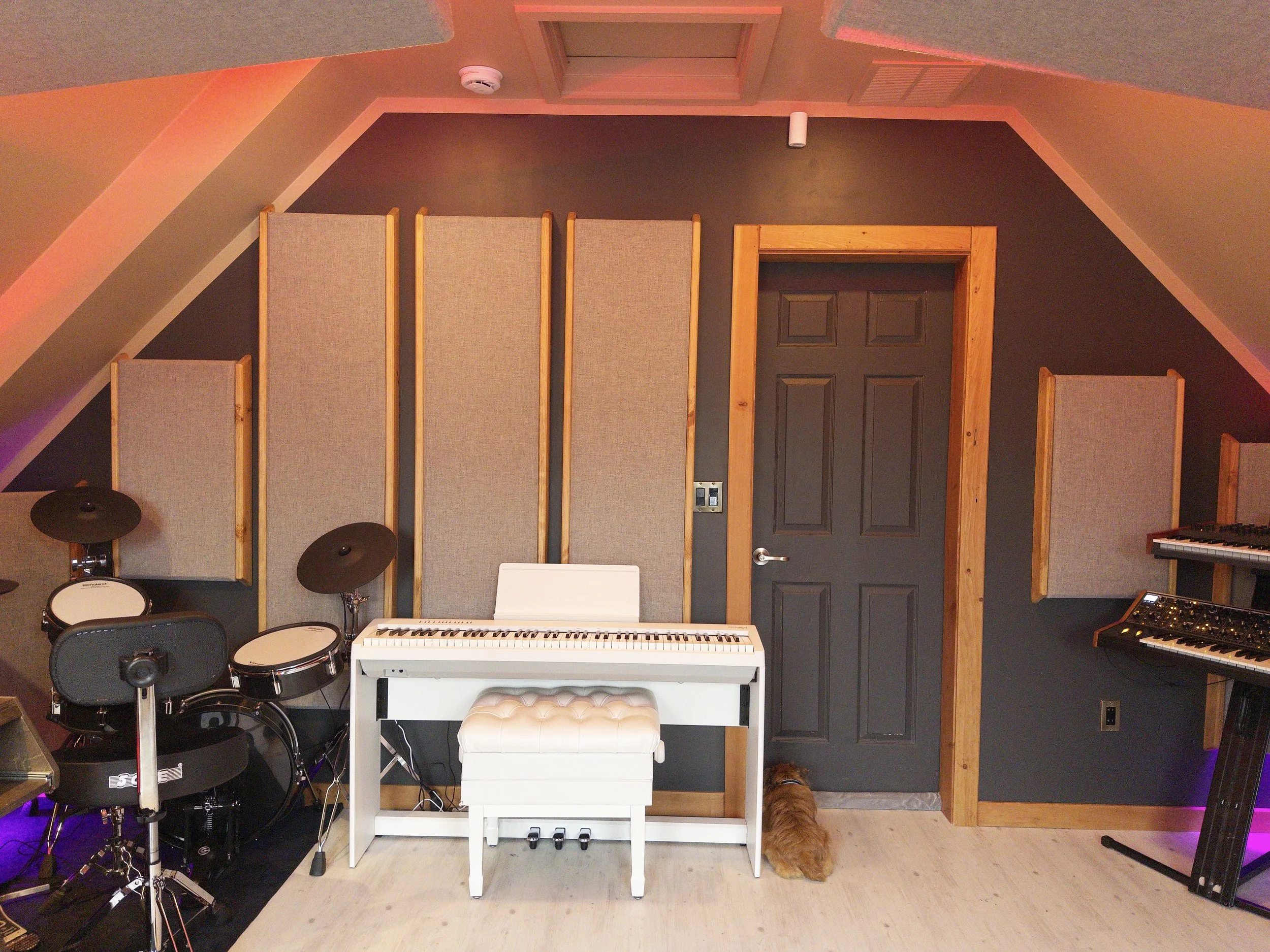 Studio drums and piano view.