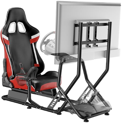 Simulated gaming rig, cockpit with adjustable seat, monitor mount, wheel mount, shifter mount, and pedal mount.